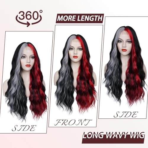 WECAN Black Red Gray Wig 28 Inches Long Black Red Wavy Wigs For Women Synthetic Hair Replacement Wigs Halloween Cosplay Daily Party Heat-Resistant Fiber Wig £¨black/red/gray£©