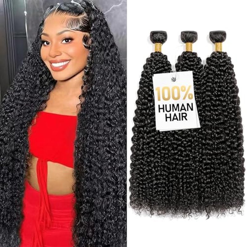Kinky Curly Bundles Human Hair 16 18 20 Inch 3 Bundles Human Hair 300g 100% Unprocessed Brazilian Virgin Raw Hair Extensions Natural Black Weave Real Human Hair Bundles for Women
