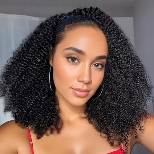 3 in 1 Half Wig Synthetic Hair, Seamless Flip Over Half Wigs Glueless Wear and Go Beginner Friendly Clip In Hair Drawstring Headband Wig for Women 1B, 16-26inch, Kinky Curly (26 inch)