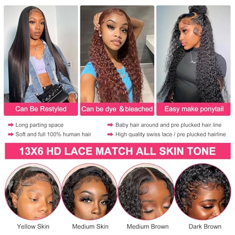 Deep Wave Lace Front Wigs Human Hair 13x6 HD Transparent 180% Density Glueless Wigs Deep Curly Lace Frontal Wigs Natural Color 24 Inch