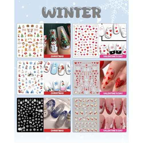 24 Sheets Seasonal Nail Art Stickers, Four Season Variety Pack All Holiday Nail Decals, Self-Adhesive Varied Design for Flowers Butterflies Halloween Christmas Spring Summer Fall Decoration