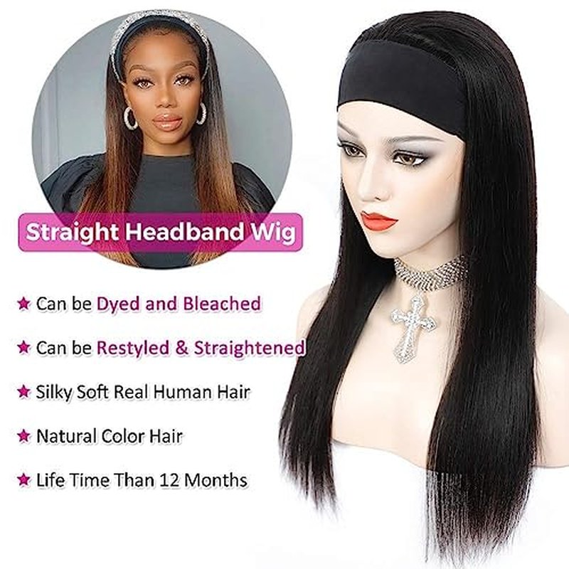 TNICE Headband Wig Human Hair Straight 24 Inch Headband Wigs for Black Women Glueless None Lace Front Human Hair Headband Wig Brazilian Virgin Hair Wear and Go Wigs 150% Density Natural Black