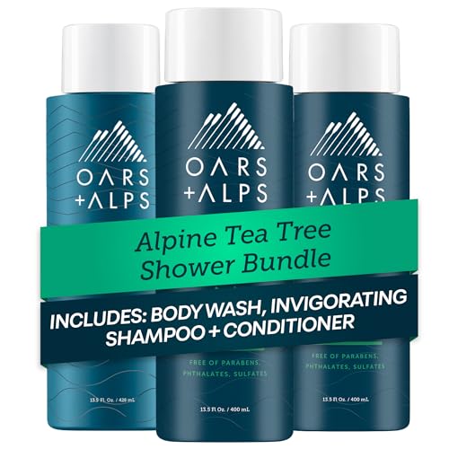Oars + Alps Men's Sulfate Free Hair Shampoo, Conditioner, and Body Wash Kit, Moisturizing Skin Care Infused with Witch Hazel and Tea Tree Oil, Alpine Tea Tree Scent