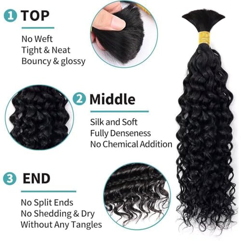 Human Braiding Hair 3 Bundles/Pack 150g Curly Water Wave Human Bulk Hair for Braiding No Weft 10A Brazilian Virgin braiding Hair for Boho Braids Wet and Wavy Braids Extensions (22 22 22inch)