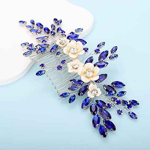 Bridal White Flower Blue Crystal Rhinestone Hair Comb for Bride Bridesmaid Sliding side Headpieces Wedding Hair Accessories for Women and Girls (Blue)