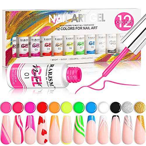 RARJSM Painted Gel Nail Polish Set, Line Art Gel 12 Colors Neon Pink Yellow Green Glitter Silver Gold Nail Art Painting Manicure Tools DIY Drawing NailGel for Line U V L E D Required