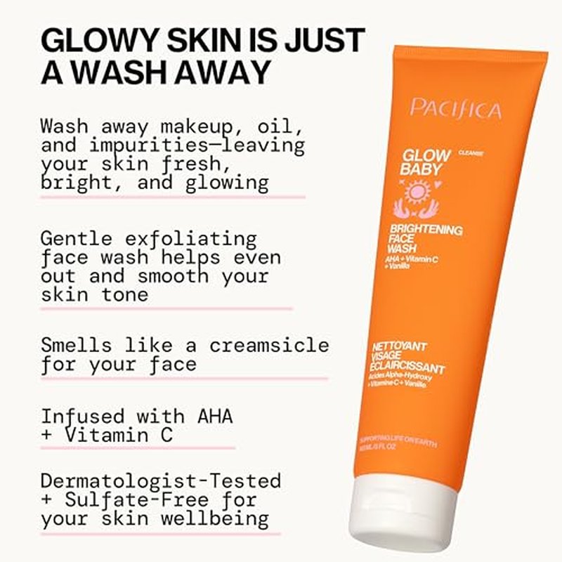 Pacifica Glow Baby Brightening Facial Cleanser 5oz ? Vitamin C & Glycolic Acid (AHA) Face Wash for Radiance ? Daily Cleanser for Anti-Aging Exfoliating for Smooth, Even Glowing Skin Vegan Clean Beauty