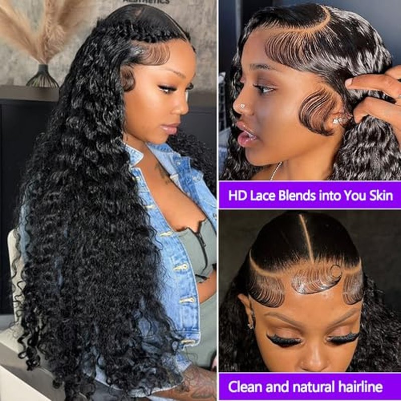 Lemoda 13x6 Water Wave Lace Front Wigs Human Hair 24 inch HD Lace Brazilian 15A Deep Wave Frontal Wigs 180% Density 13x6 Curly Human Hair Wig with Baby Hair Glueless Water Wave Wig For Black Women