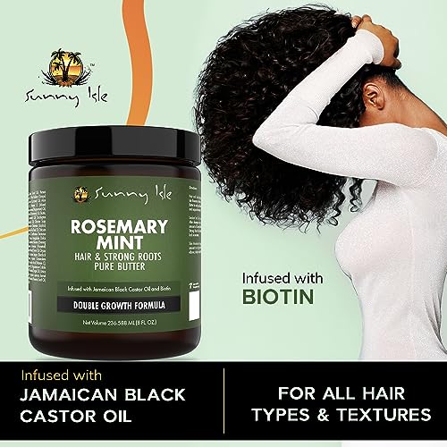 Sunny Isle Rosemary Mint Hair and Strong Roots Butter 8oz | Infused with Biotin & Jamaican Black Castor Oil | Strengthen and Nourish Hair | Dry Scalp, Split Ends