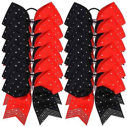 CEELGON Large Rhinestones Cheer Bows, 12 PCS Glitter 7" Cheer Bows Ponytail Holder for Cheerleaders Girls Hair Bows, Red/Black with Full Rhinestone