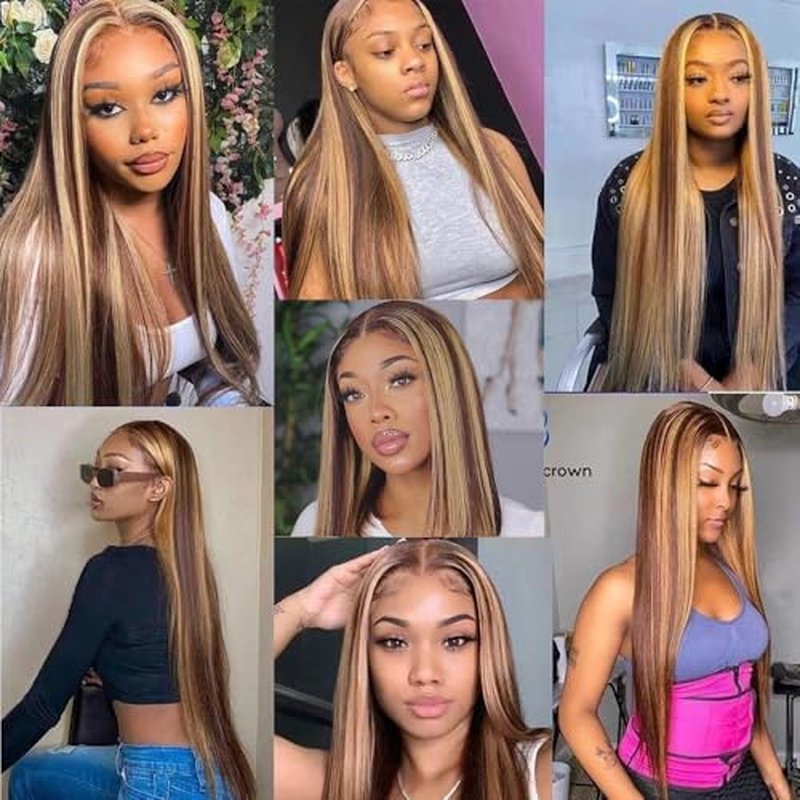 D?BUT Ombre Highlight Brown Glueless Wigs Human Hair Pre Plucked Straight Hair Lace Front Wigs 5x5 HD Lace Closure Wig for Women Daily Use 18 Inches
