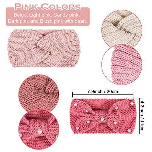 Whaline 5 Pieces Winter Knit Headbands Chunky Knit Headbands,4 Elastic Turban Head Wraps and 1 Pearl Crochet Hair Band, Ear Warmer Crochet Head Wraps for Women Girls (Pink Colors)