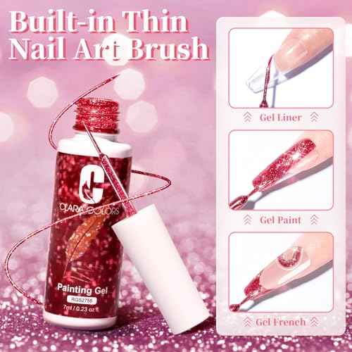 Clara Colors Glitter Gel Polish Set for Winter, 20 Color Nail Art Set - Red, Yellow Gel Polish for Swirl, French Tip Painting Designs - Built-In Nail Art Brush