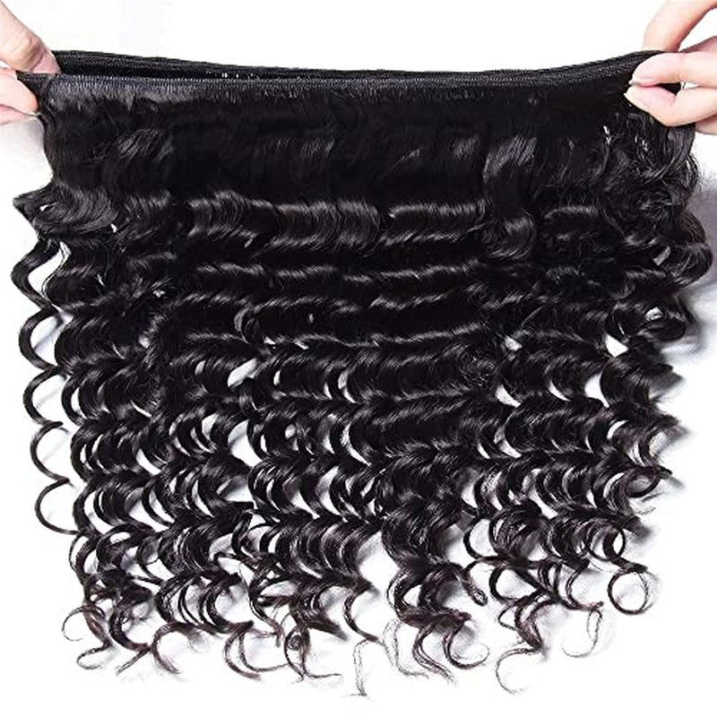 Human Hair Bundles with Closure 100% Unprocessed Deep Wave Bundles (14 16 18+12) 3 Bundles Human Hair with 4x4 Free Part Lace Frontal for Women Natural Color