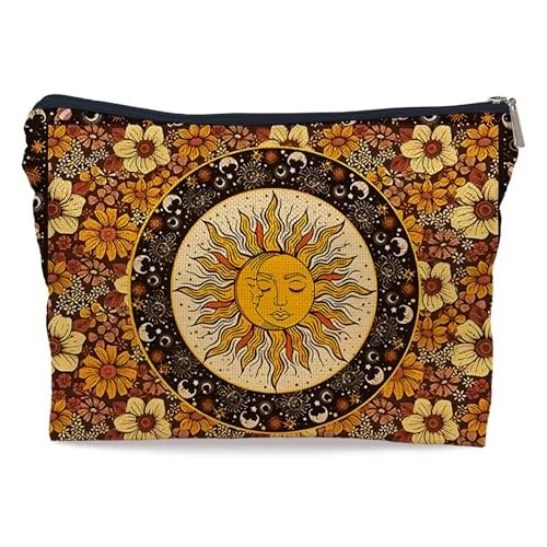 Ayxvt Sun and Moon Makeup Bag, Hippie Flower Pouch Floral Cosmetic Bag, Boho Gifts for Women Teen Girls