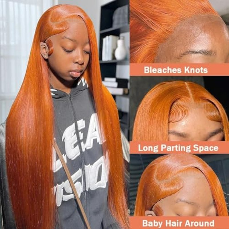 22 Inch Ginger Orange Lace Front Wigs Human Hair Pre Bleached 200% Density 13x6 HD Straight Lace Front Wigs Pre Plucked with baby Hair