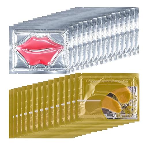 Eye Mask And Lip Mask Set, 15 Pair Gold Eye Mask And 15 Pcs Pink Lip Mask for Moisturizing, Under Eye Patches and Lip Pads,Collagen Crystal Lip Mask Set for Moisturizing