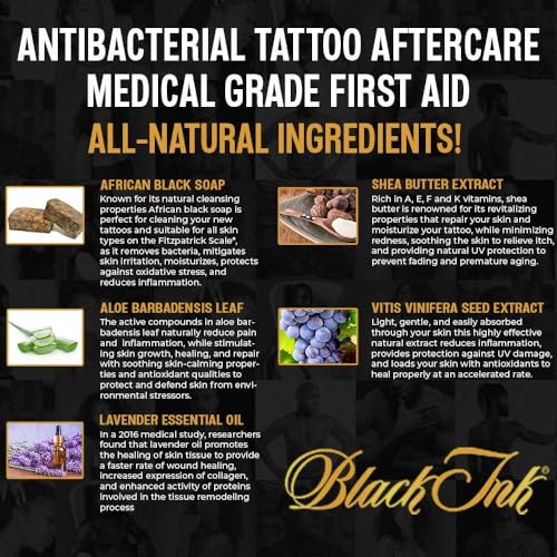 BLACK INK Tattoo Aftercare Tattoo Soap - Raw African Black Soap Foaming Tattoo Cleaner w/Organic Lavender Essential Oil - Tattoo Care Soap for Tattoos - Made in the USA