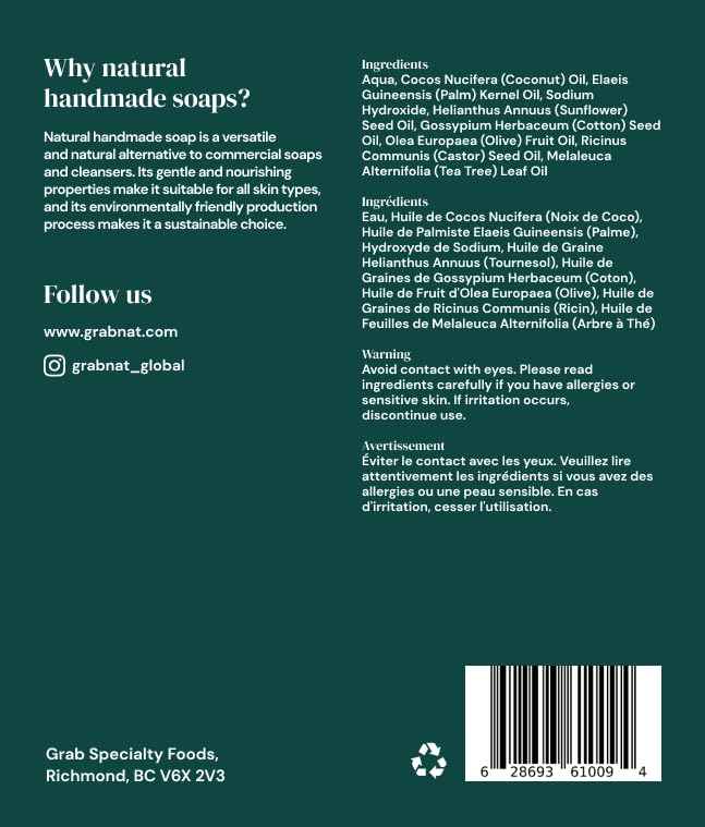 GrabNat 4-Pack Tea Tree Soap | Handmade, All-Natural, Cold-Processed | Made with Tea Tree Oil | For Face & Body, All Skin Types (4 x100grams / 4 x 3.5oz)