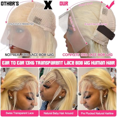 Honey Blonde 13x6 Transparent Lace Frontal Wigs For Black Women 180% Density 13x6 Blonde Short Straight Lace Bob Wigs Human Hair Pre Plucked Brazilian Remy Human Hair Blonde Glueless Lace Wig 16 Inch
