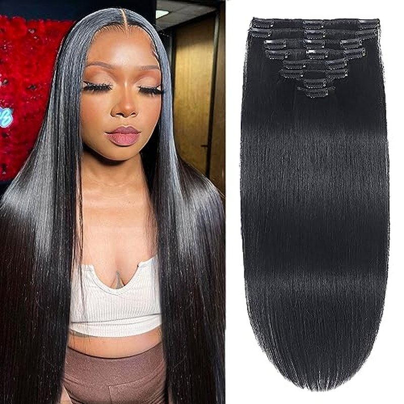 Jet Black Clip in Hair Extensions Real Human Hair Clip in Extensions Remy Human Hair Invisible Natural Straight Seamless 8pcs Double Weft 24 Inch 90g