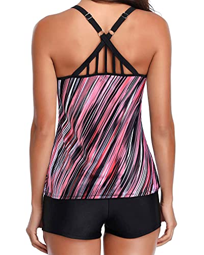 Yonique 2 Piece Tankini Swimsuits for Women with Boy Shorts Athletic Swim Tank Top Bathing Suits Pink Striped XL