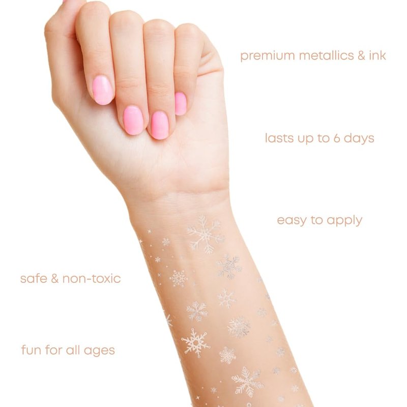 Flash Tattoos Winter Frost Metallic Temporary tattoos-2 sheet mini pack | Includes over 36 premium silver foil snowflake tattoos | snowflake glitter, snowflake sticker, Frozen party favor