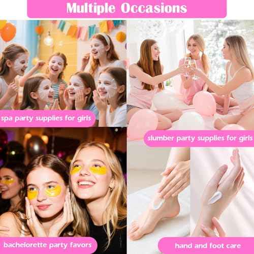 90 PCS Spa Party Supplies for Girls, Include 10 PCS Lip Mask, Eye Mask, Facial Masks, Lip Balm, Hand Cream, Scrunchie, Compressed Towel, Organza Bag, Cards, Spa Birthday Party Supplies for Girls