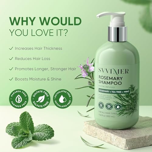 Svvimer Rosemary Hair Growth Shampoo - Thickening Shampoo with Biotin Tea Tree Oil Mint for Hair Loss and Thinning Hair - for Women and Men 11.8 Fl Oz (Pack of 1)