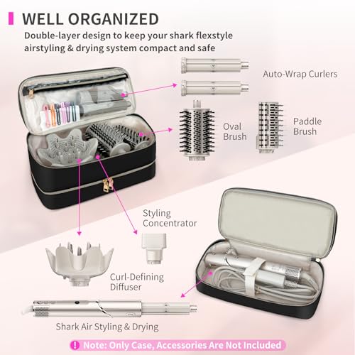 Double-Layer Water Resistant Travel Carrying Case for Hair Dryer/Shark Flexstyle/Dyson Airwrap and Hair Styler Attachments, Jet Black(Bag Only)