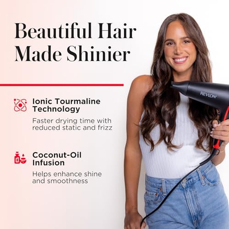 REVLON SmoothStay Coconut Oil Infused Hair Dryer with Diffuser & Concentrator - Ionic Ceramic Blow Dryer for Frizz Control, Shine, Smoothness & Volume, 1875W Lightweight Salon-Quality