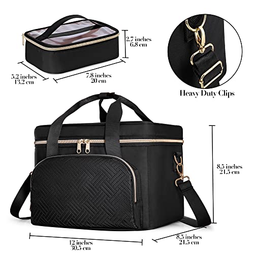 Travel Makeup Bag with 2 Pouches and Adjustable Dividers, Large Cosmetic Case Make up Organizer for Women Fits Bottles Vertically, Black (Patented Design)