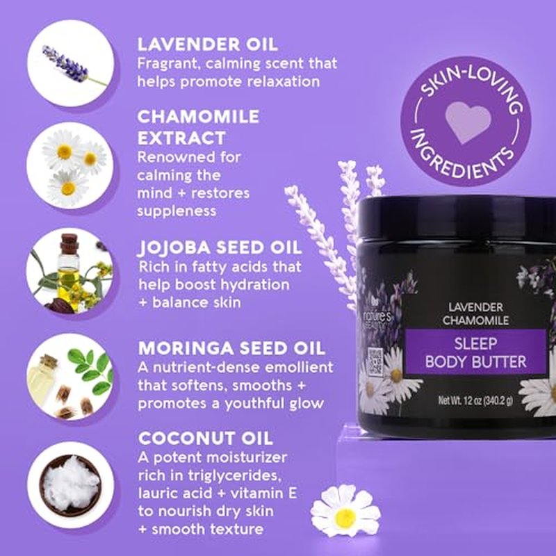 Nature's Beauty Lavender Chamomile Sleep Body Butter Multi-Pack - Sleep Well Luxury Rich Moisturizer, Relax + Calm Your Skin, Made w/Shea Butter, Jojoba + Moringa Seed Oils, 12 oz (2 Pack)