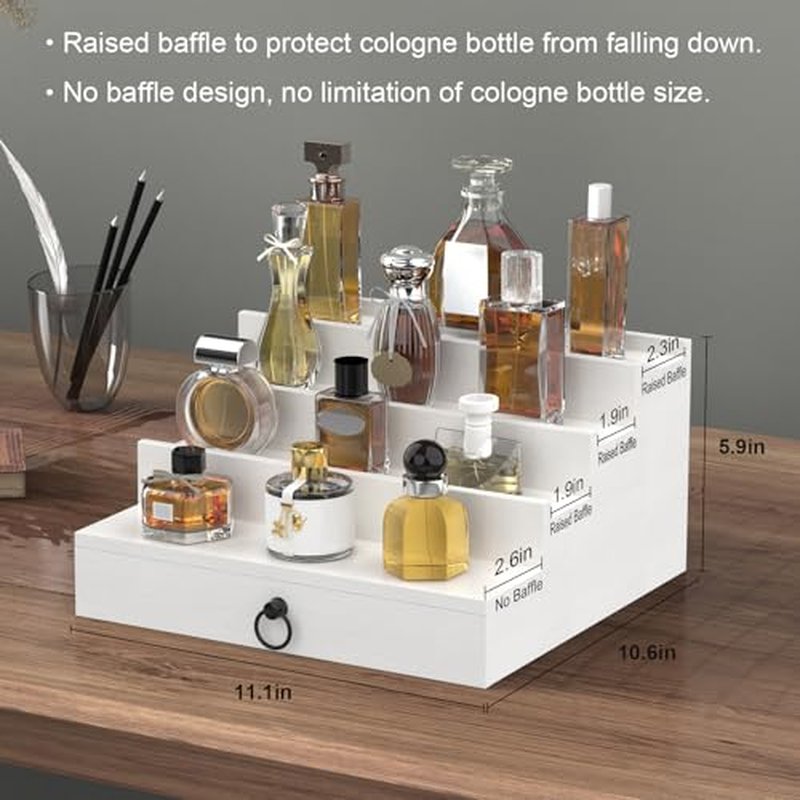 Cologne Organizer for Men, 4 Tier White Wood Perfume Organizer with Felt Lining Drawer and Hidden Compartment, Perfume Display Holder, A Gift for Men
