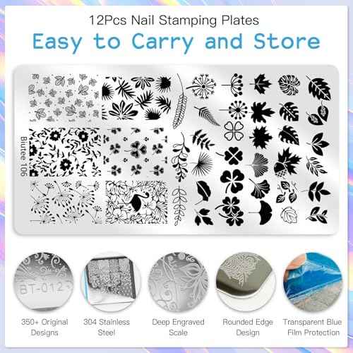 Biutee Nail Stamping Plate 16Pcs Nail Stamper Kit 12Pcs Nail Art Stamp Plates with Silicone Stamper, Scraper & Storage Bag, Stamping Plates Star Plaid Flower Butterfly Template Halloween Design Gift