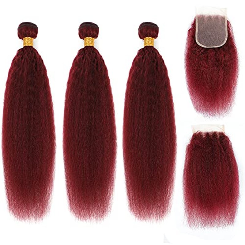 99j Brazilian Yaki Straight Human Hair 4 Bundles Yaki Human Hair Bundles 100% Virgin Kinky Straight Virgin Hair Extensions Women Girl Black Red(12 14 16)