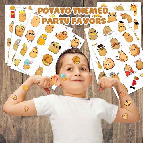 96PCS Potato Pre-cut Temporary Tattoos 8 Sheets Sweet Potato Party Decorations Supplies Favors Chip Potato Theme Birthday Cute Stickers Christmas Gifts for Boys Girls Class School Prizes Carnival