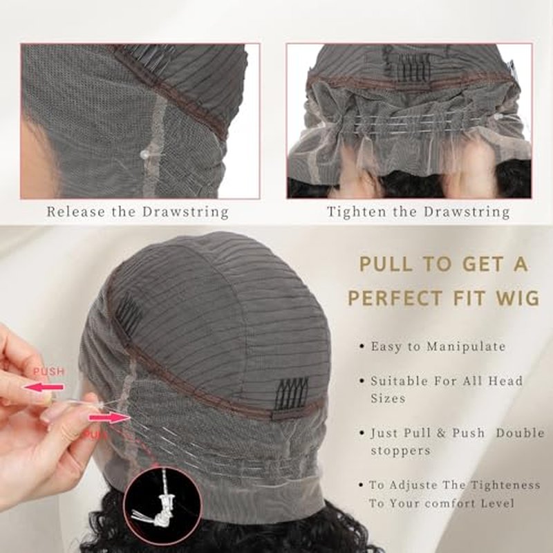 Hidden Strap 360 Deep Wave Lace Front Wigs Human Hair Curly Bob Wig with Drawstring For Black Women Human Hair 360 Glueless Bob Wig Full Lace Human Hair Wigs Pre Plucked Bleached Knots (16 Inch)