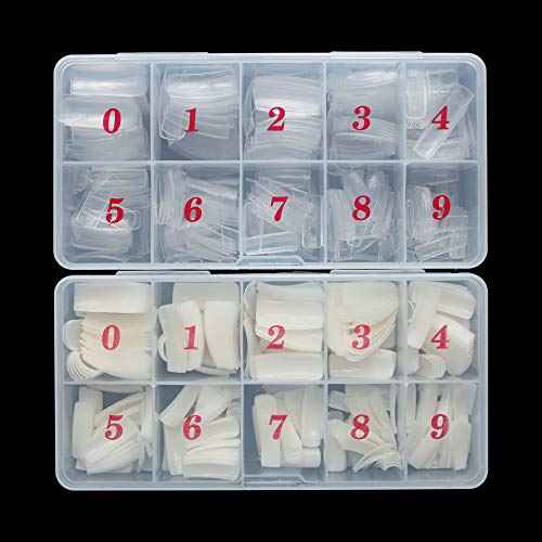 Half Cover Acrylic False Nail Tips, 1000PCS Fake Nail Shape Artificial False Nails Tips 10 Sizes with Case for Nail Art Salons and Home DIY (Clear+Natural)