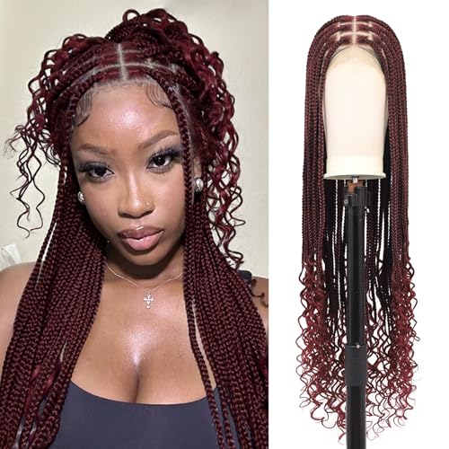360¡ÆHD Full Lace Knotless Braided Wigs for Women Box Braid Wig with Baby Hair Premium Synthetic Natural Looking Burgundy Braided Lace Front Wigs 36 Inch