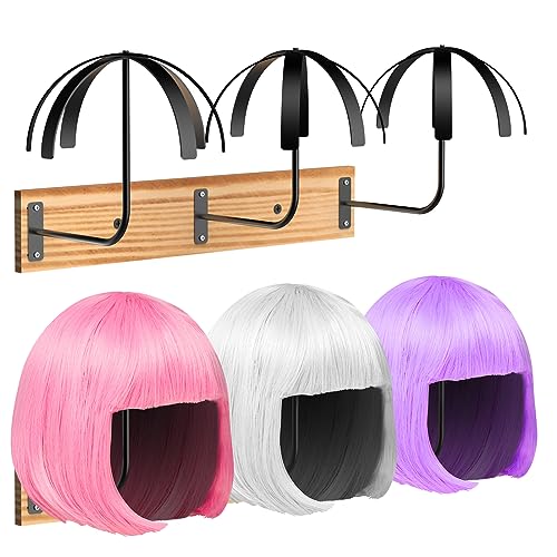 Hanging Wig Stand for Multiple Wigs, 6 PCS Wall Mounted Wig Hanger Holder, Durable Wig Storage Organizer Rack for Display, Storage, Styling, Drying (Carbon Steel and Wood)