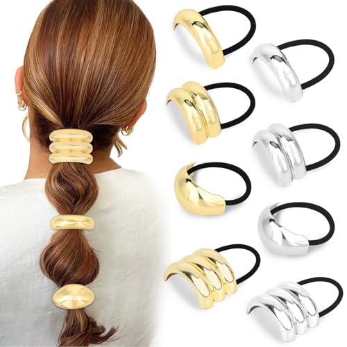 8pcs Gold and Silver Hair Ties for Women Metal Ponytail Holders Elastic Ties HairCuff Metal Geometric Scrunchies for Thick Thin Hair Fashion Accessories for Women Girls