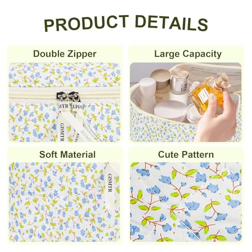 4Pcs Quilted Makeup Bag Set Cute Floral Cosmetic Bag Cotton Coquette Make up Bag Aesthetic Travel Toiletry Bag for Women Girls
