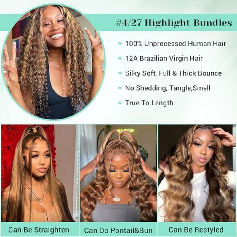 P4/27 Water Wave Bundles Human Hair 12 14 16 Inch Brown and Honey Blonde Highlight Wet and Wavy Human Hair Bundles 100% Unprocessed Brazilian Virgin Weave 3 Bundles Human Hair Extensions for Women