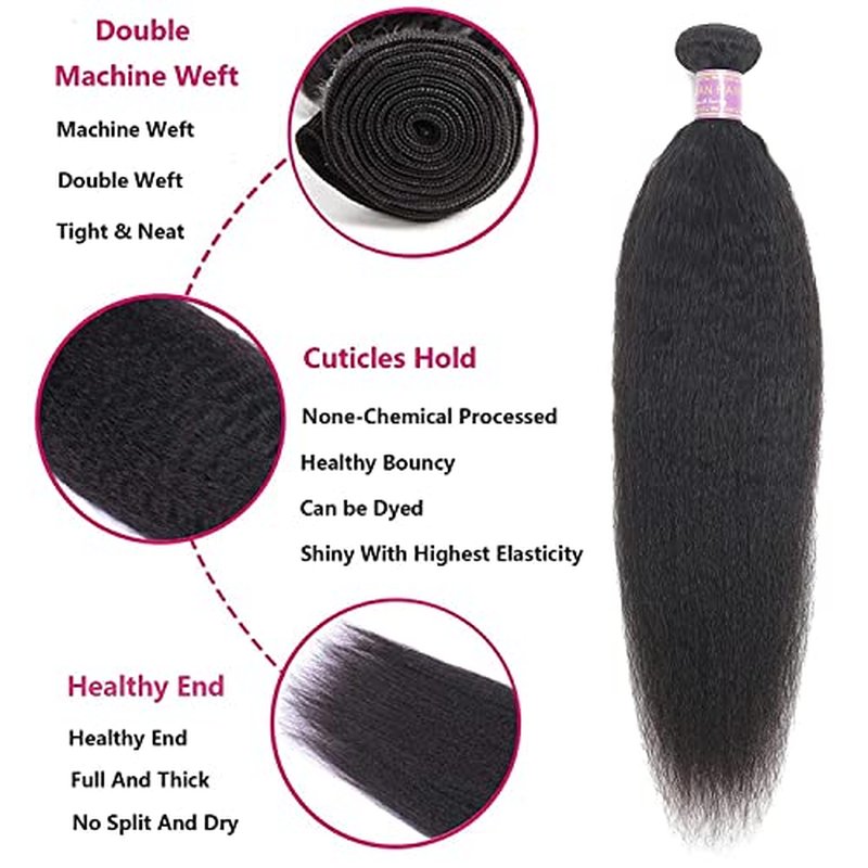 Kinky Straight Human Hair Bundles With 4x4 Lace Closure Free Part 14 14 14+12 Inch Natural Black 100% Unprocessed Brazilian Virgin Yaki Straight Hair Extensions (14 14 14+12Closure)