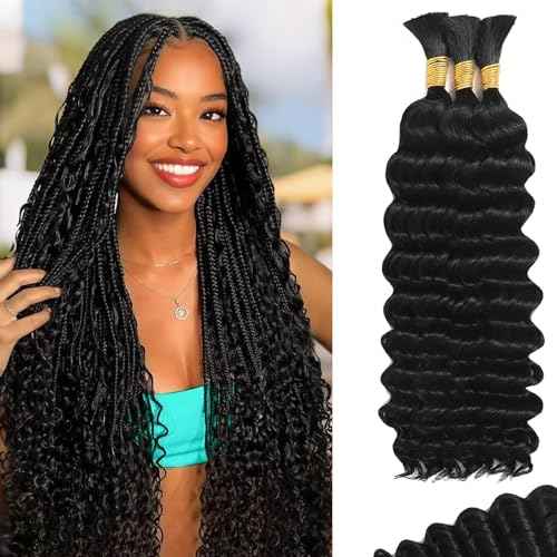 Deep Wave Bulk Human Braiding Hair for Boho Braids Water Wave 100% Human Hair for Boho Braiding Hair Crochet Wavy Curly Hair Extensions Bohemian Micro Braiding 3 Bundles 110g Natural Color 12 Inch