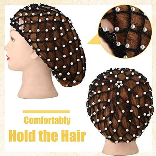 MTLEE 4 Pieces Snoods for Women Hair Net Pearl Crochet Mesh Hairnet Mesh Rayon Knit Hair Wrap Cover for Sleeping