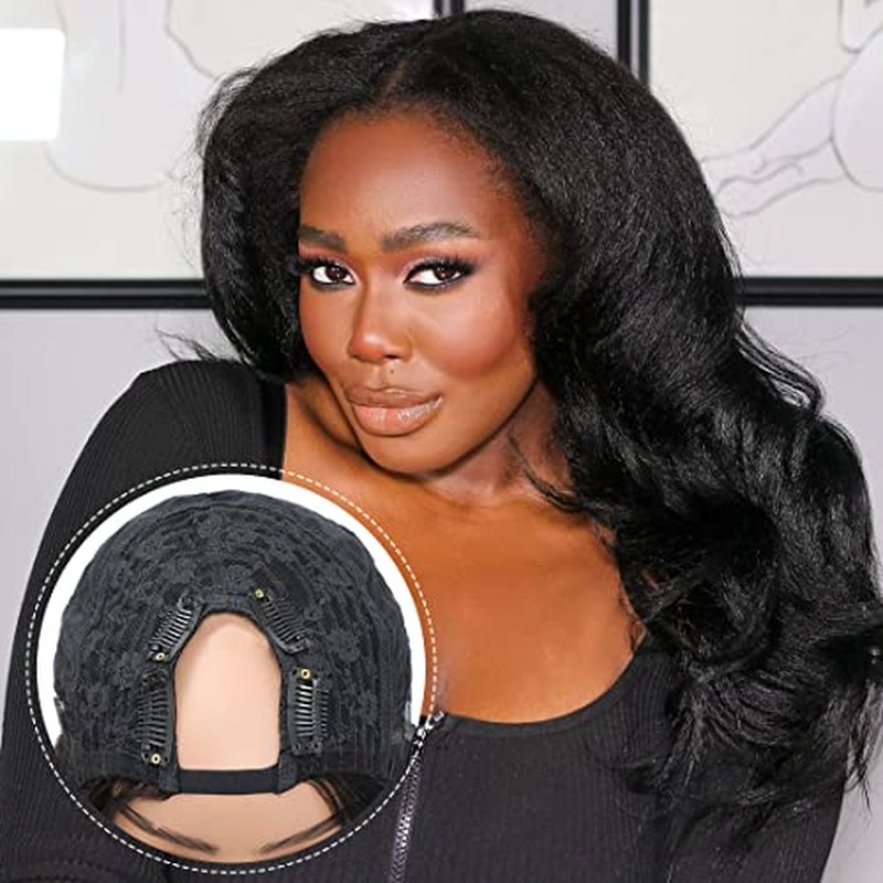 U Part Kinky Straight , 16 inch Italian Upart Half Remy Yaki Straight Wigs for Black Women Human Hair Upgraded U Shape Clip in