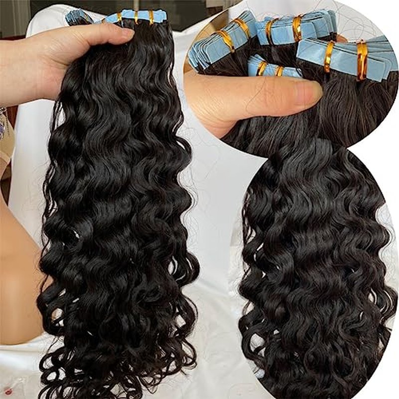 Tape in Hair Extensions Natural Wavy Real Human Hair 24inch Nautural Black Water Wave Brazilian Remy Human Hair Natural Color Tape on Human Hair Extensions 40pcs 100g #1B