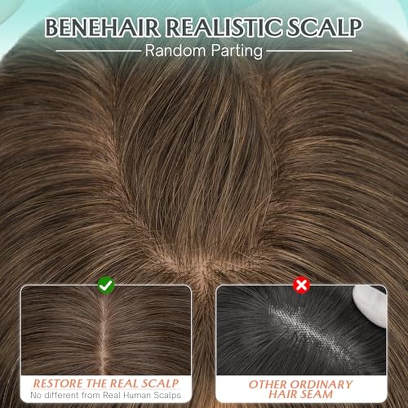 Benehair Human Hair Topper for Women - 9 * 12CM Silk Base, No Bangs, 150% Density, 100% Remy Hair Piece for Thinning Hair - Dark Brown, 12 Inch